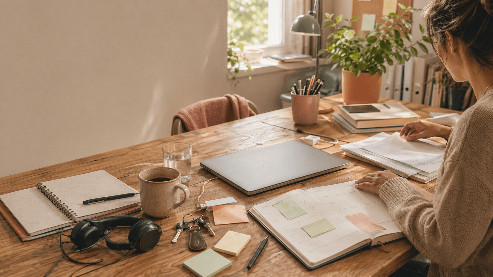 Schreibtisch mit Notizen und Kaffee